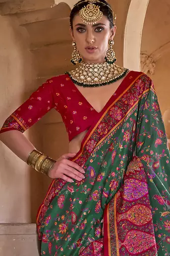  green soft silk blend floral and paisley printed kashmiri jamewar saree