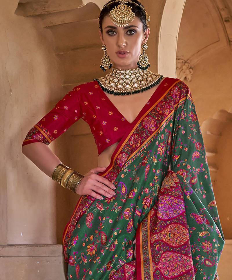  green soft silk blend floral and paisley printed kashmiri jamewar saree