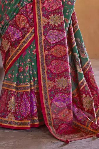  green soft silk blend floral and paisley printed kashmiri jamewar saree