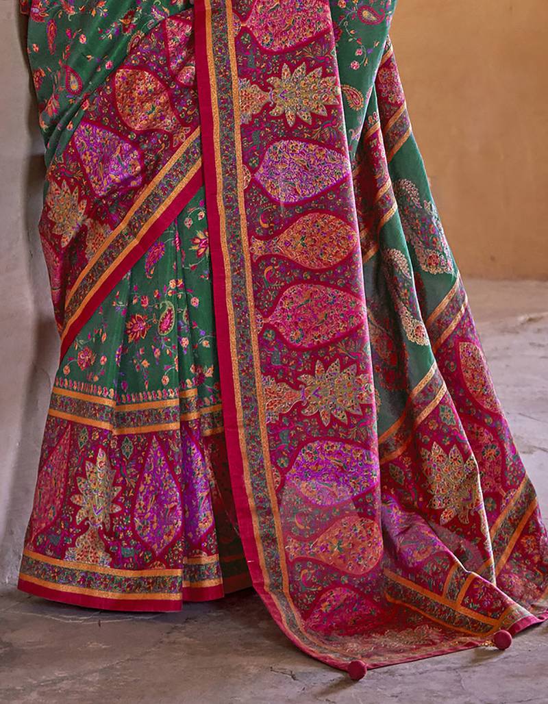  green soft silk blend floral and paisley printed kashmiri jamewar saree