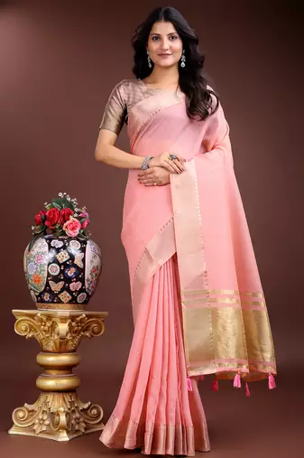 pink color cotton plain zari border saree with blouse