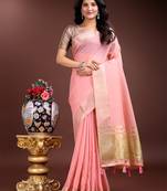 pink color cotton plain zari border saree with blouse