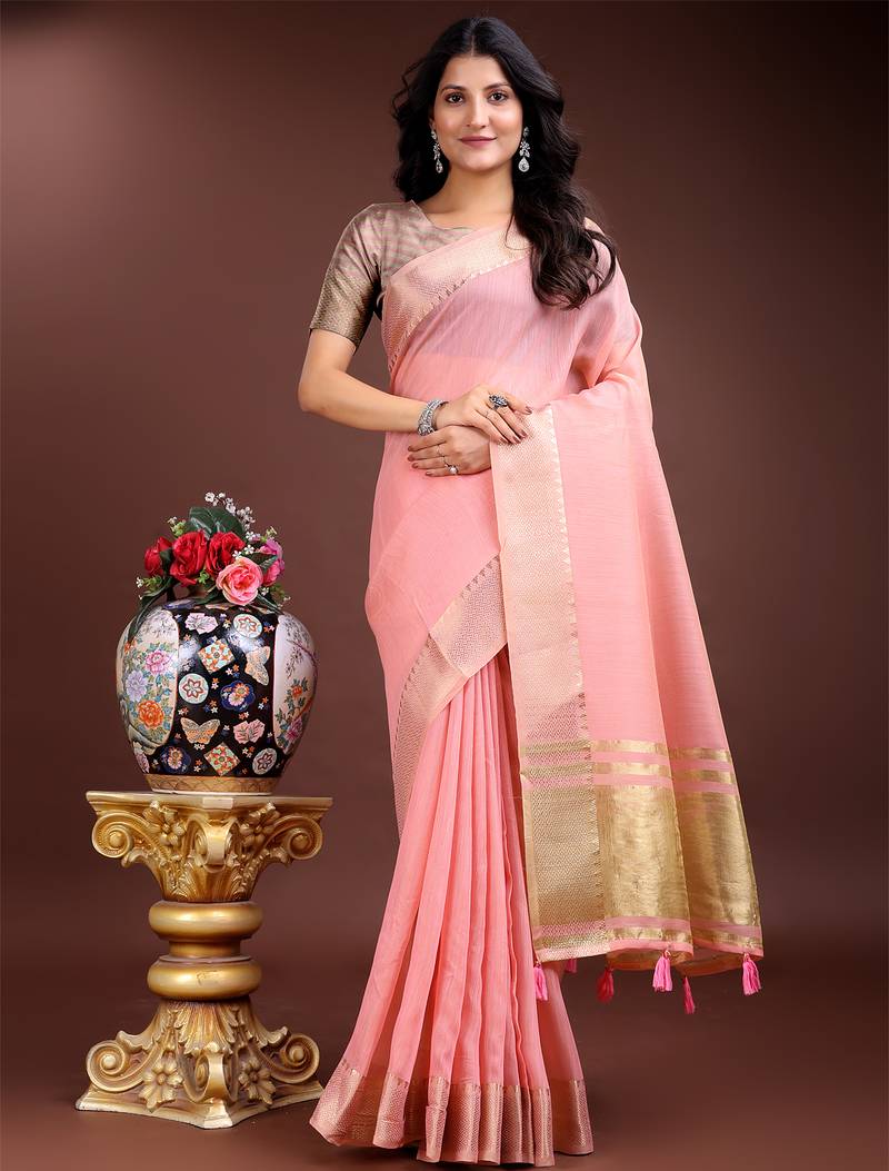 pink color cotton plain zari border saree with blouse