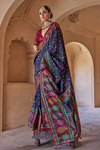  navy blue soft silk blend floral and paisley printed kashmiri jamewar saree