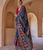  navy blue soft silk blend floral and paisley printed kashmiri jamewar saree