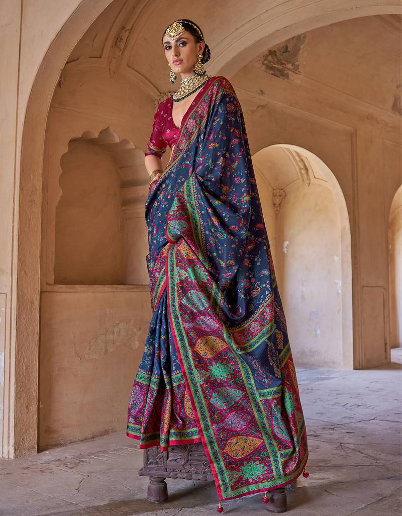  navy blue soft silk blend floral and paisley printed kashmiri jamewar saree