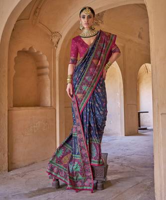  navy blue soft silk blend floral and paisley printed kashmiri jamewar saree 2