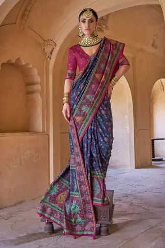  navy blue soft silk blend floral and paisley printed kashmiri jamewar saree