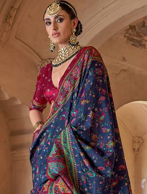  navy blue soft silk blend floral and paisley printed kashmiri jamewar saree 3