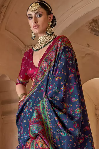  navy blue soft silk blend floral and paisley printed kashmiri jamewar saree
