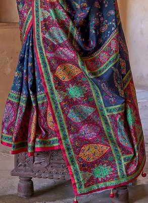  navy blue soft silk blend floral and paisley printed kashmiri jamewar saree 4