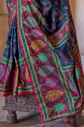  navy blue soft silk blend floral and paisley printed kashmiri jamewar saree