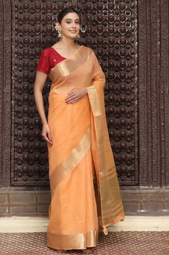 orange color cotton plain zari border saree with blouse