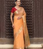 orange color cotton plain zari border saree with blouse