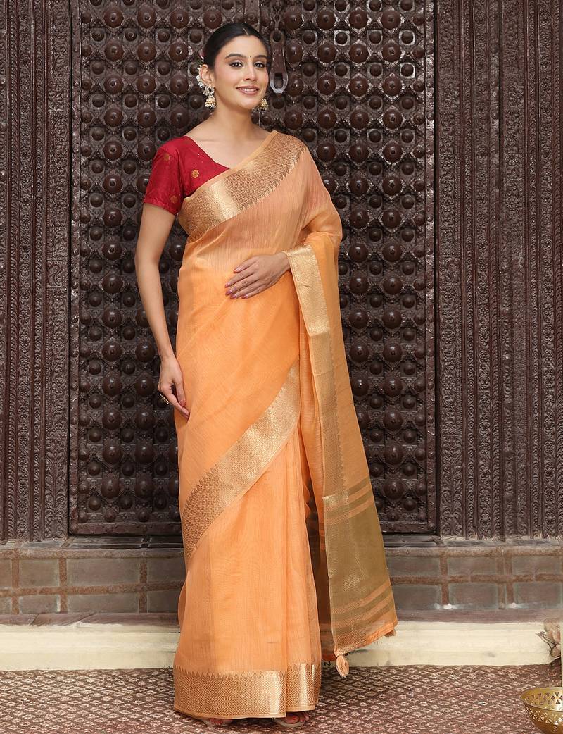 orange color cotton plain zari border saree with blouse