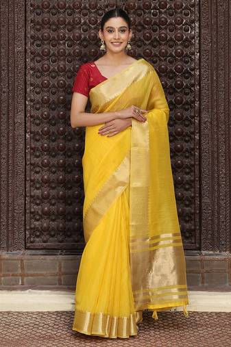 yellow color cotton plain zari border saree with blouse