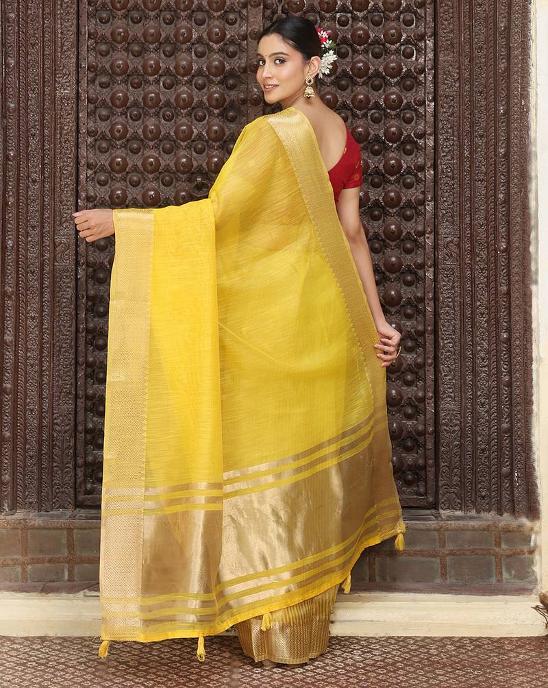 yellow color cotton plain zari border saree with blouse