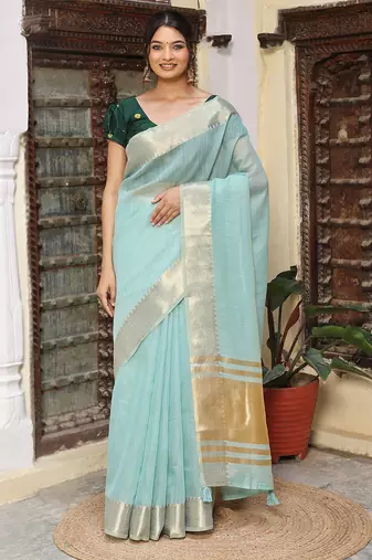 sky_blue color cotton plain zari border saree with blouse