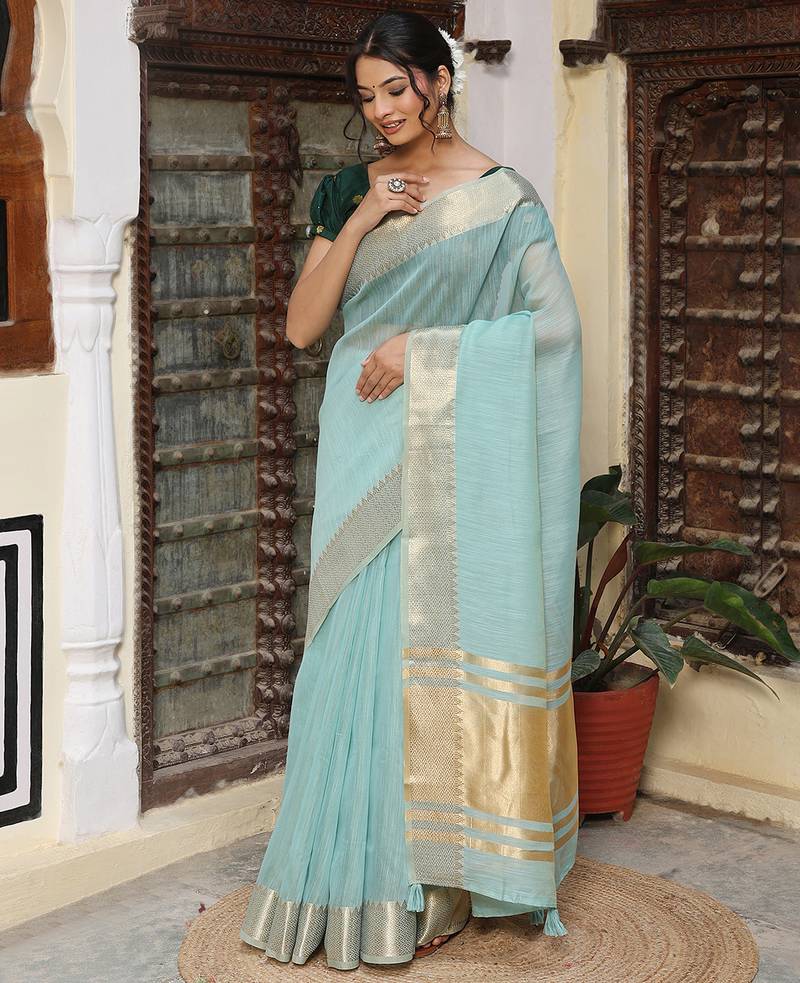 sky_blue color cotton plain zari border saree with blouse