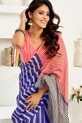 Royal blue digital printed linen ready to wear designer saree with unstitched blouse