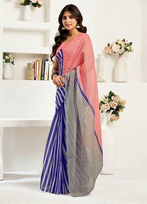 Royal blue digital printed linen ready to wear designer saree with unstitched blouse 7