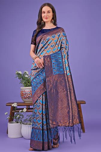 blue color woven lichi art silk blend saree with blouse