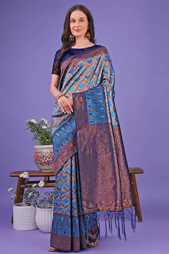 blue color woven lichi art silk blend saree with blouse