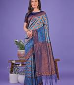 blue color woven lichi art silk blend saree with blouse