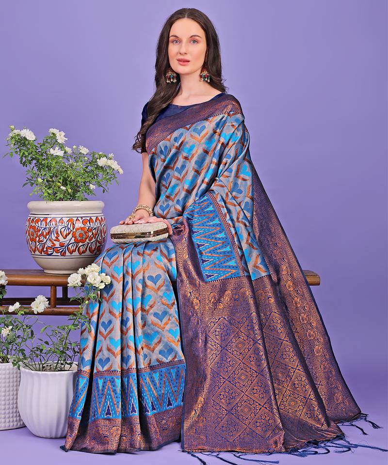 blue color woven lichi art silk blend saree with blouse