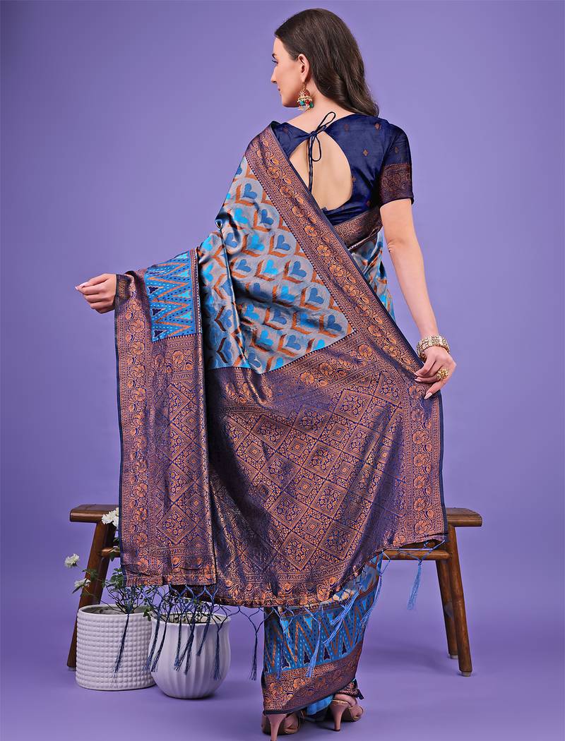 blue color woven lichi art silk blend saree with blouse