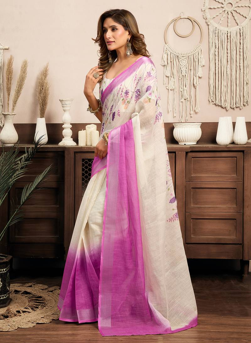 White lavender digital printed linen ready to wear designer saree with unstitched blouse