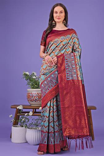 grey color woven lichi art silk blend saree with blouse