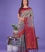 grey color woven lichi art silk blend saree with blouse