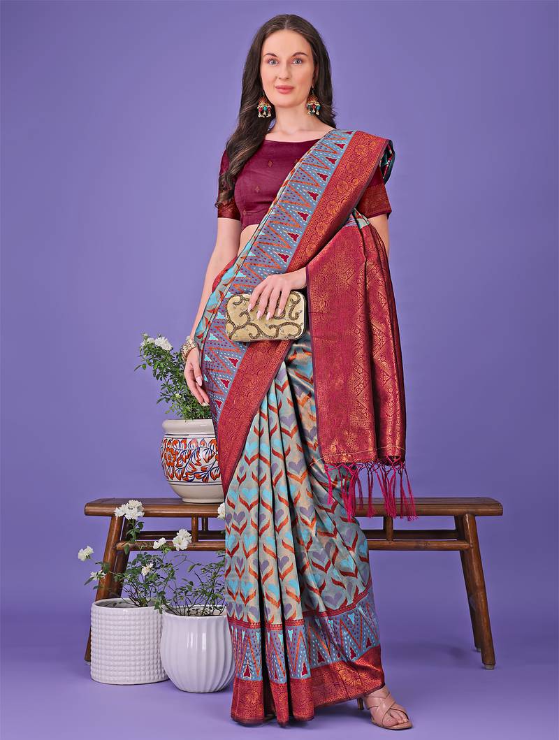 grey color woven lichi art silk blend saree with blouse