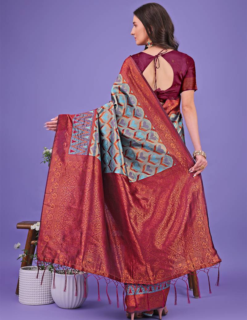 grey color woven lichi art silk blend saree with blouse