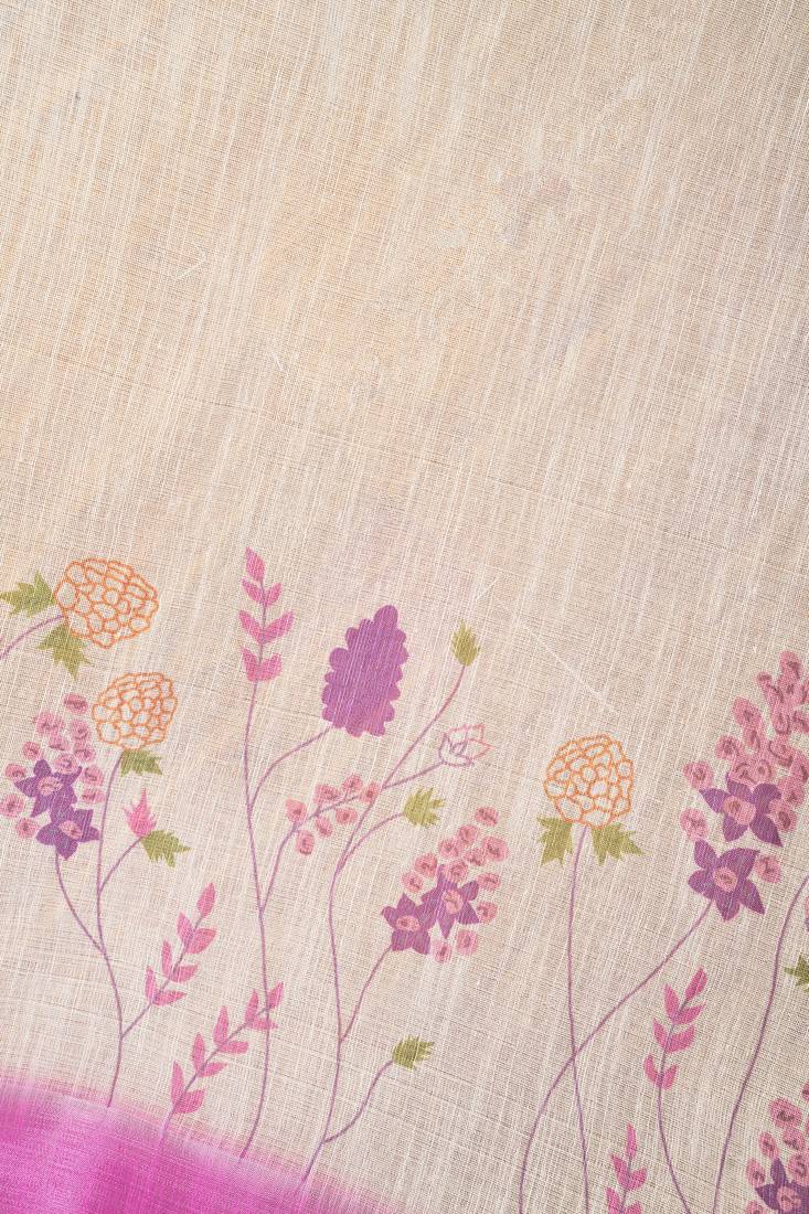 White lavender digital printed linen ready to wear designer saree with unstitched blouse