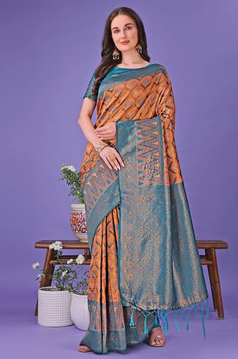 Blue color woven lichi art silk blend saree with blouse