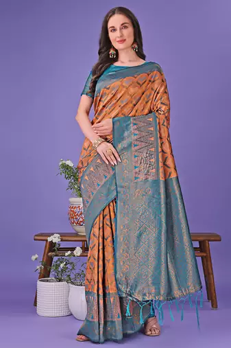 Blue color woven lichi art silk blend saree with blouse