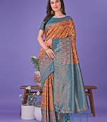 Blue color woven lichi art silk blend saree with blouse