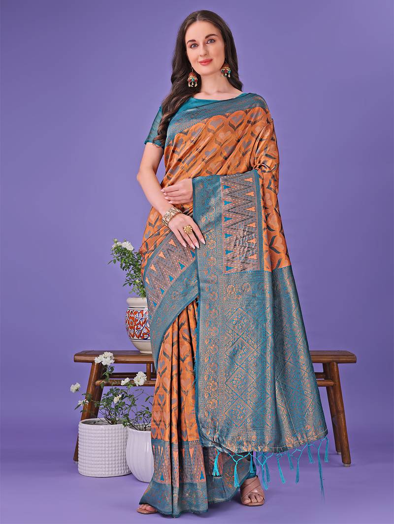 Blue color woven lichi art silk blend saree with blouse