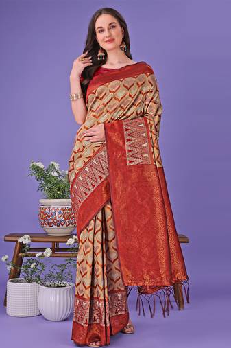 Orange color woven lichi art silk blend saree with blouse
