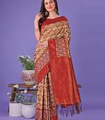 Orange color woven lichi art silk blend saree with blouse