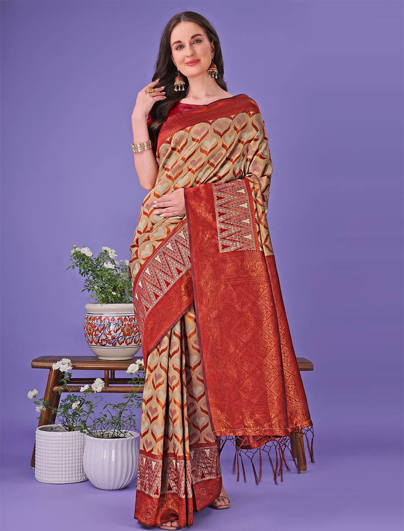 Orange color woven lichi art silk blend saree with blouse