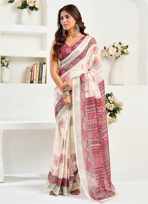 White maroon digital printed linen ready to wear designer saree with unstitched blouse 6