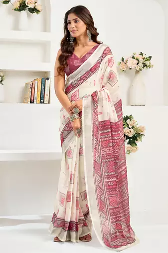 White maroon digital printed linen ready to wear designer saree with unstitched blouse