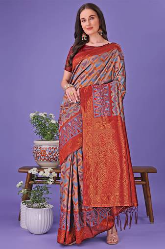 grey color woven lichi art silk blend saree with blouse