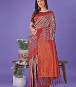 grey color woven lichi art silk blend saree with blouse