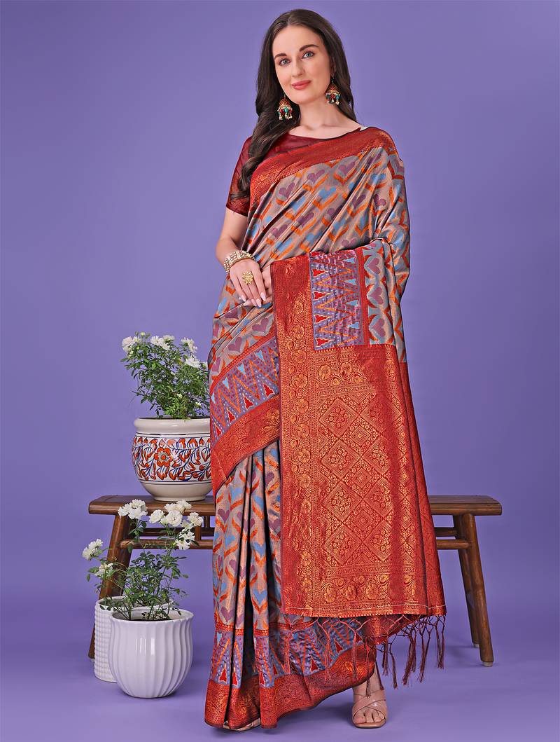 grey color woven lichi art silk blend saree with blouse