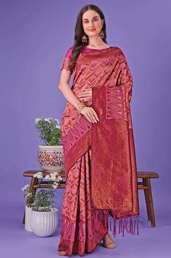 Magenta color woven lichi art silk blend saree with blouse