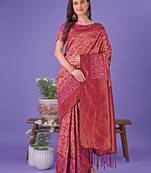 Magenta color woven lichi art silk blend saree with blouse